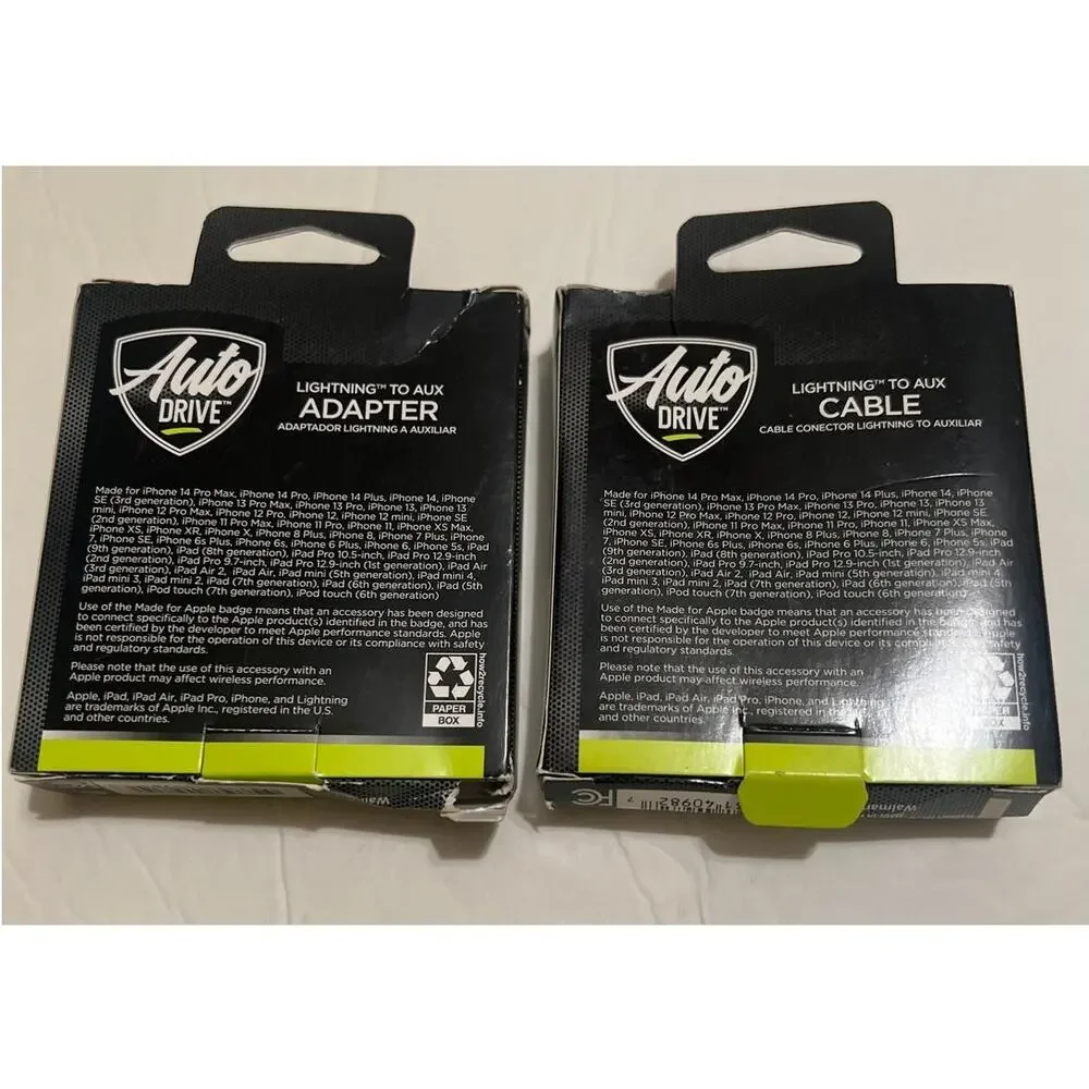 Bundle of 2 Auto Drive Brand Cable and Adapter for iPhones New in Box